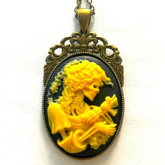 Black and Yellow Skeleton Lady Cameo Victorian Style Necklace, NWT, Handmade - Picture 2 of 5